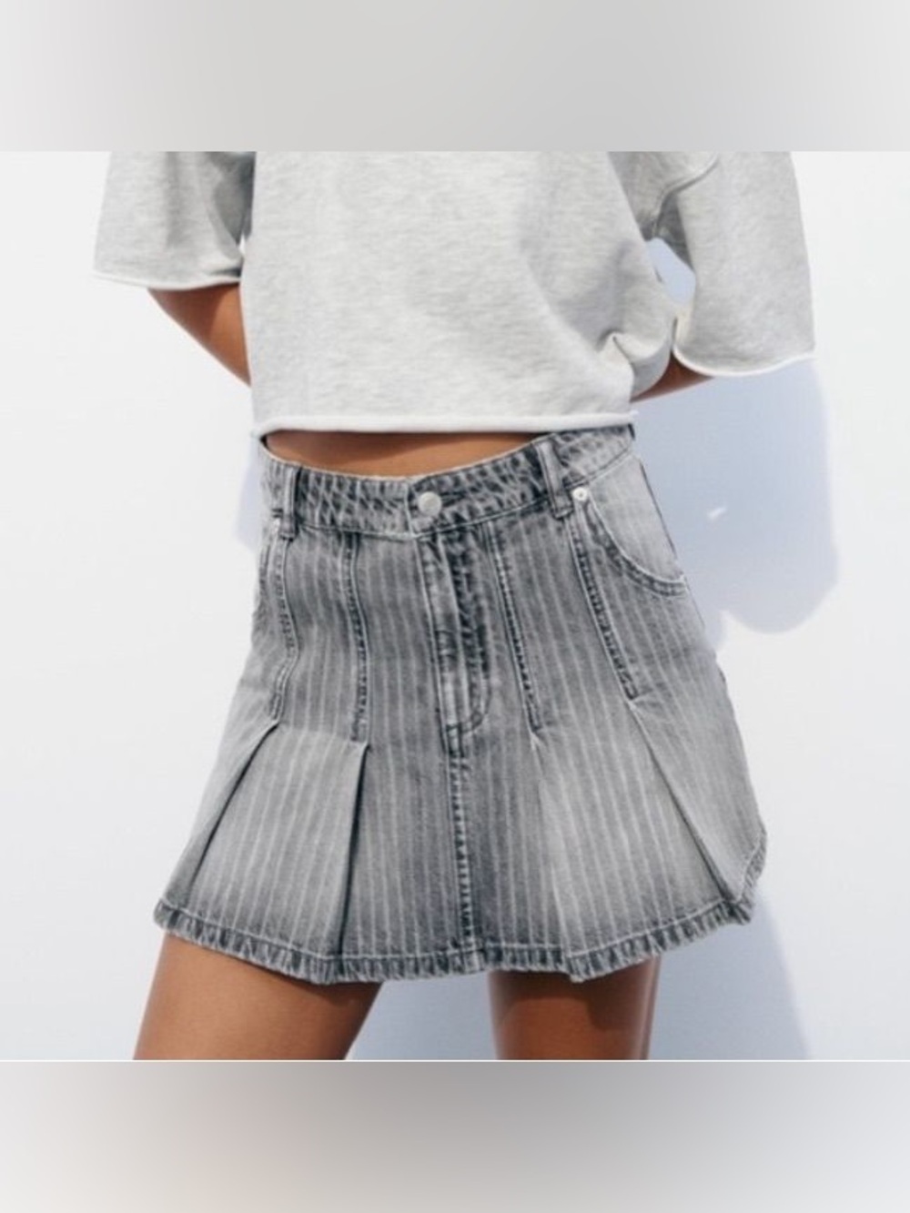 Zara Denim Mid Rise Striped Box Pleat Skirt Size XS-S
